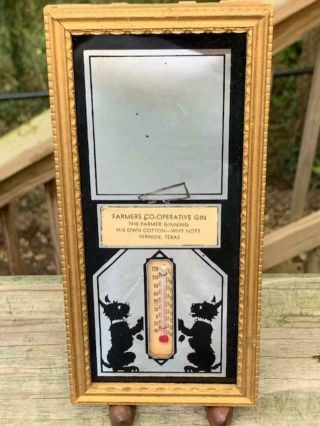 Vintage Advertising Thermometer Mirror Cotton Gin Scotty Dogs Vernon Texas