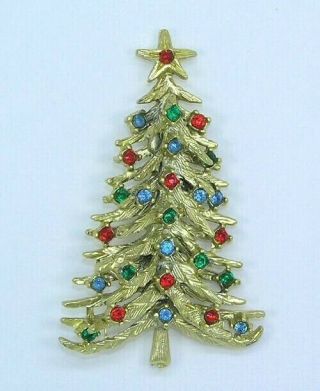 Vintage Christmas Pin Brooch Gold Tone Tree Rhinestones Unsigned