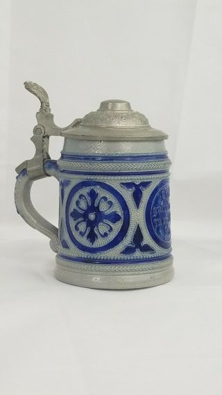 Vintage German Lidded Beer Stein Stoneware Salt Glaze Blue Small