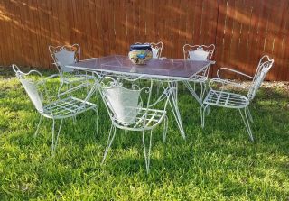 Mid Century Salterini Patio Dining Table & 6 Chairs White Punched Tin W/shelf