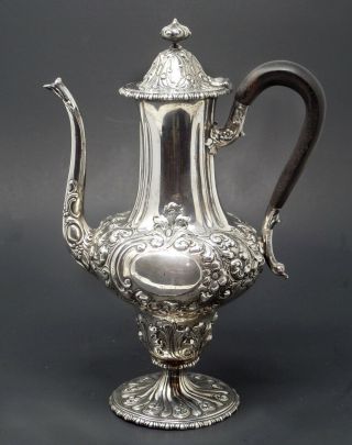 Early Antique Sterling Silver American Coffee Pot Repouse With Ebony Handle
