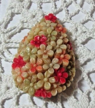 Vintage Carved Pastel Celluloid Flower Dress Fur Clip 2 " Japan Red Pink Cream