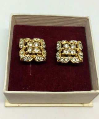 Vintage Attwood And Sawyer (a&s) Gold Tone & Crystal Stud Earrings