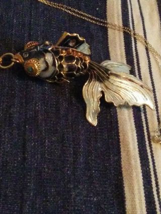 Vintage Enamel Cloisonne Articulated Koi Fish Pendant On A Sterling Necklace