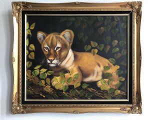 Vintage Oil On Canvas Painting Of A Lion Cub Signed By Cutrona