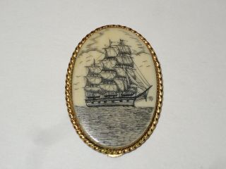 Vintage Scrimshaw Three Masted Sailing Ship Pendant/ Pin By Verna