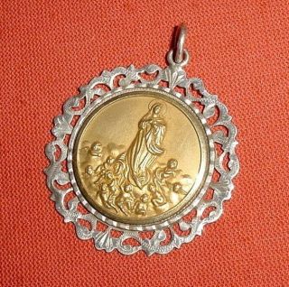 Antique Sterling Silver 925 Gold Wash Virgin Mary W/ Angels Portrait Pendant