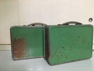 2 Vintage Metal Lunchbox Green Grey,  Rectangular Handle 6”x 3.  25”x8.  5”