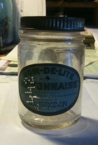 Vintage HOM - DE - LITE MAYONNAISE 3 1/4 oz.  Jar w/ lid PREPARED BY AMERICAN STORES 3