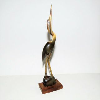 Vintage Carved Horn Bird Stork Egret Heron Crane Figure Sculpture 9 " Wood Base