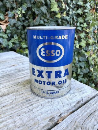 Vintage Metal Humble Refining Texas Esso Extra Motor Oil Chrome Blue Quart Can