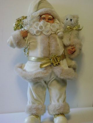 Vintage Santa Claus With Cream Suit And Bear Figure In