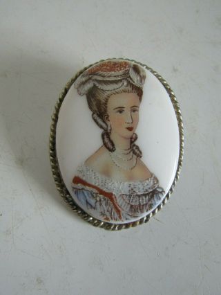 Vintage Ceramic China Painted Cameo Silver Tone Brooch