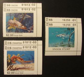 1990 And 1992 Florida Snook And Crawfish Fishing License Stamps