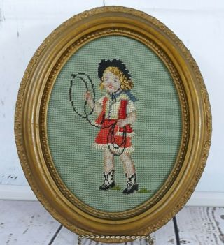 Vintage Bucilla Petit Point Needlepoint Cowgirl Finished Framed Cowboy Hat Boots