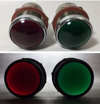 2 Vtg On & Off Panel Indicator Lamps Red & Green Glass Dome Round 1 " Diameter