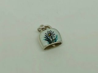 Gorgeous Vintage 800 Solid Silver Enamel Edelweiss Cow Bell Charm Or Pendant