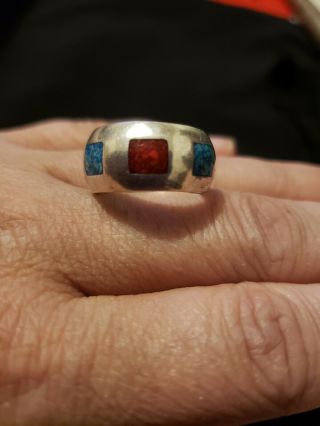 Vintage Sterling Silver Navajo Turquoise Coral Native American Ring Jewelry