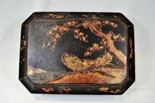 Antique Oriental Japanese Lacquered Gilt Wooden Sewing Storage Box Peacock 15 "