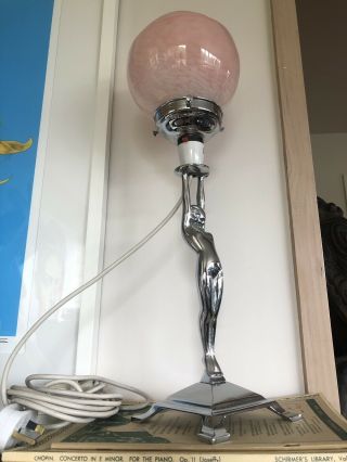 Art Deco Naked Diana Chrome Lamp With Pink/white Mottled Opaque Glass