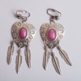 Vintage Silver White Metal Earrings Pink Stone (rhodochrosite? Taxco Mexico?)