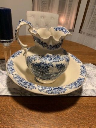 Vintage Lge English Porcelain Pitcher And Wash Basin Bowl Set Blue Floral