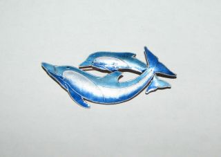 Vintage Signed Zarah Sterling Silver & Enamel Dolphin Mother & Calf Pin Brooch