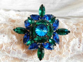 Vintage Sapphire Blue And Emerald Green Glass Rhinestone Brooch Pin 2 1/4 "