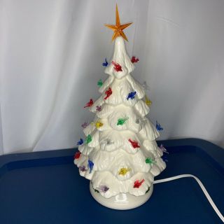 Vintage White Ceramic Tabletop Christmas Tree With Colorful Bird Lights 13 " Tall