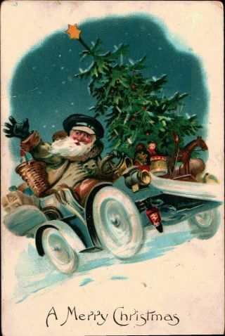 1908 Pm - Vintage - Unique - Santa Claus Green & Brown Suited In Vintage Car -