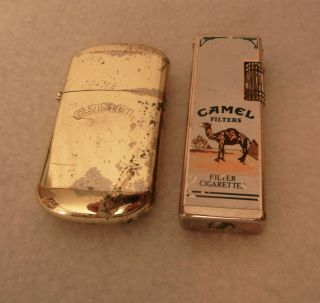 2 Vintage Camel Cigarette Lighters,  Gold Metal,  Camel Filters With Camel Pic