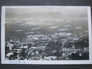 Vtg 1939 Hong Kong British Navy Fleet In Harbor Aerial Photo Bldgs Rppc Postcard