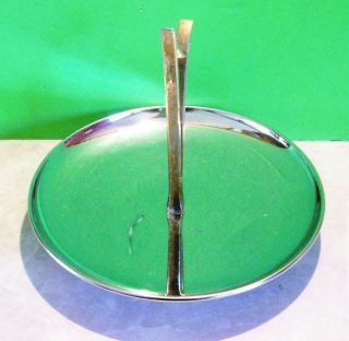Vintage Round Metal Chrome Plated Candy/Cookie Tray/Plate Footed W/Handle 2
