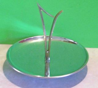 Vintage Round Metal Chrome Plated Candy/Cookie Tray/Plate Footed W/Handle 3