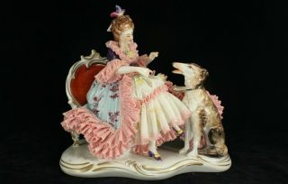 Volkstedt Dresden Lace Porcelain 6¼ " Lady On Couch With Seated Dog