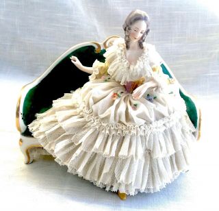 Antique Furstenberg Dresden Germany Lace Figurine - Woman On Couch/sofa