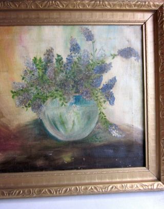 Antique Late 19th C.  Oil On Canvas Painting Rustic Still Life Bouquet Of Lilacs