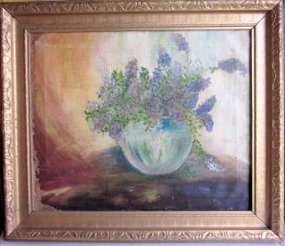 Antique Late 19th c.  Oil on Canvas Painting Rustic Still Life Bouquet of Lilacs 2