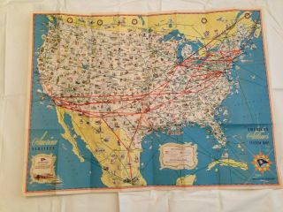 American Airlines System Map 1940s - Vintage 31.  5 " X 24 "