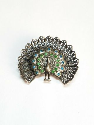 Vintage Sterling Silver Filigree Blue & Green Stone Peacock Brooch Pin