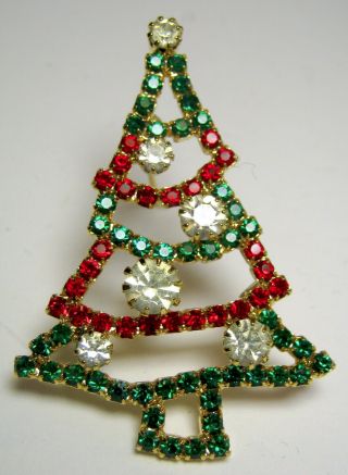 Vintage Christmas Tree Pin Red,  Green,  And Big Clear Rhinestones