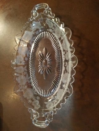 Vintage Clear Glass Oval Relish Dish W/ Handles & Floral Patterned Bottom 8.  5 "