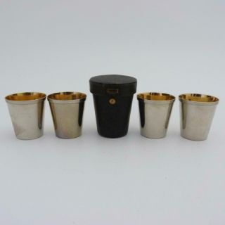 Vintage Set Of Four Stainless Steel And Gilt Stirrup Cups In Leather Case