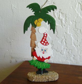 Vtg Emgee Hawaii Hula Dancer Santa Claus Palm Tree Wooden Christmas Ornament