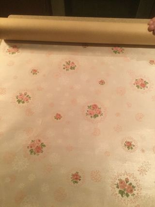 Vintage 1940 - 50’s Pink Floral Flower Wallpaper 20 - 1/2” Wide X 2 - 1/2” Dia.  Roll