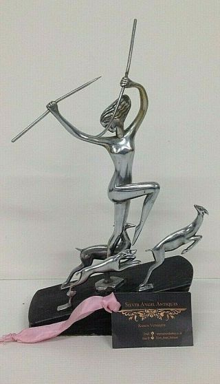 Antique Art Deco Metal Figure Group Of A Lady Huntress With Dog Chasing Deer