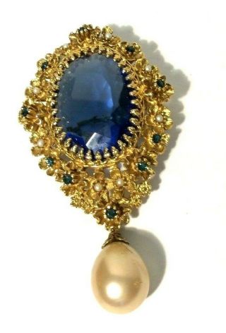 Vintage Brooch Gilded Big Sapphire Blue & Pearl Rhinestones Costume Regal Jewel