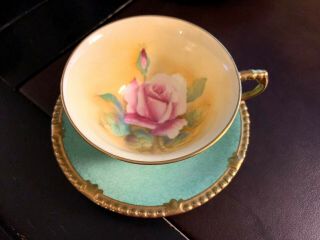 Antique Paragon Green / Gold Floating Rose Cup & Saucer Hm Queen Mary
