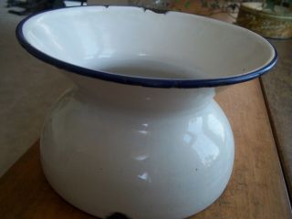 Vintage White W/ Blue Trim Porcelain Enamel Ware Farmhouse Spittoon Flower Vase