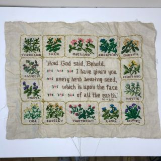 Vintage Bible Herbs And Spices Garden Needlework Crewel Embroidery Genesis 1:29